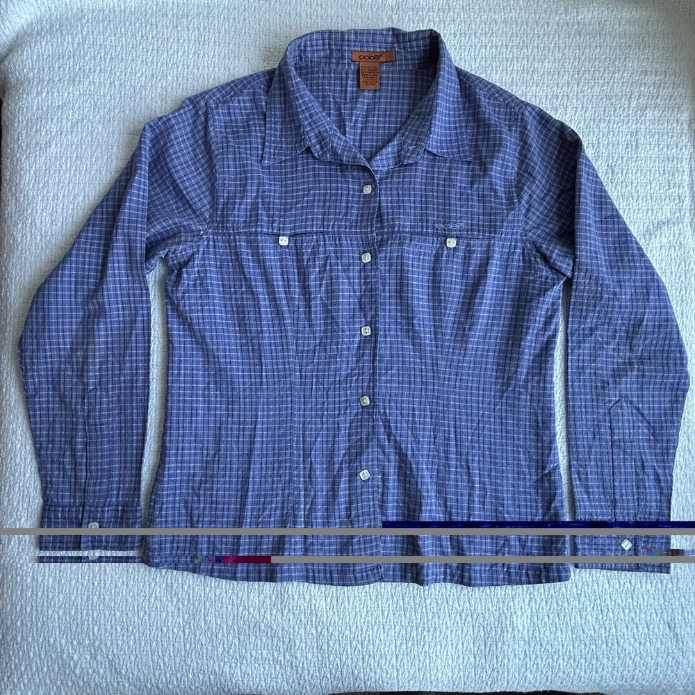 OOBE Women's Blue Plaid Button Up Travel Hiking Shirt Size Large Gingham